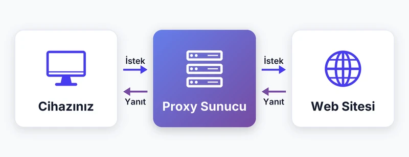 Proxy sunucunun cihaz ile web sitesi arasındaki aracılık rolünü gösteren şema